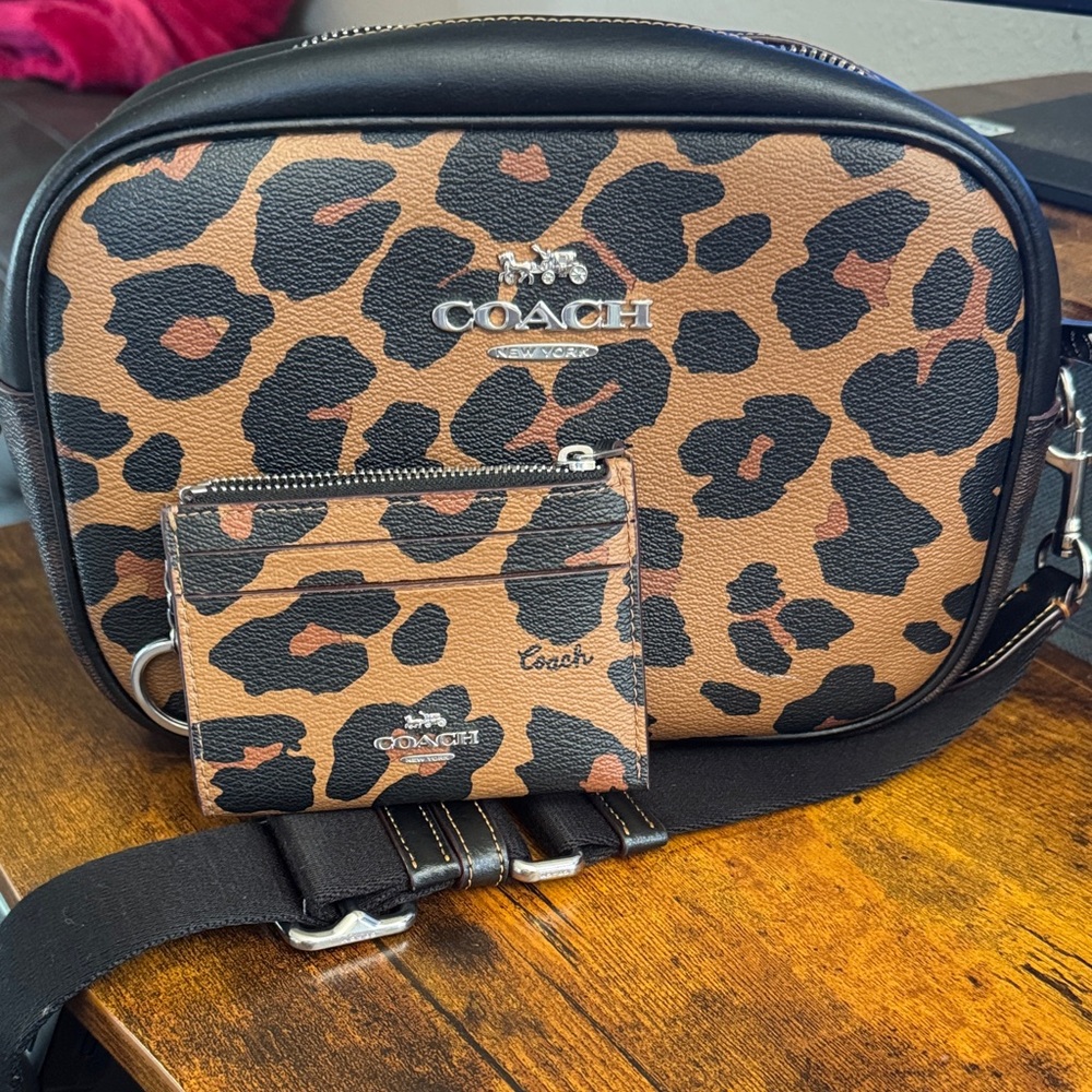 Coach Black and Brown Leopard Print Crossbody Bag with Card Holder